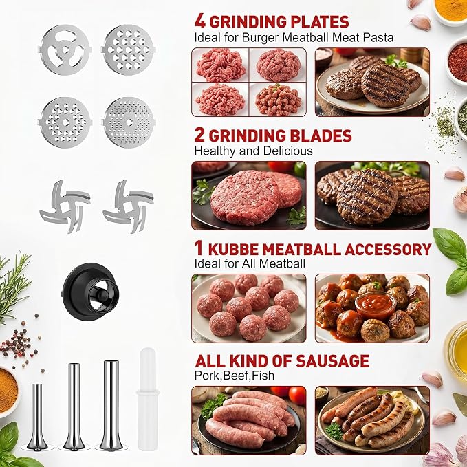 COFUN Stainless Steel Meat Grinder for KitchenAid Mixer | Meat Grinder with Meatball Maker, Sausage Stuffer, Dishwasher Safe, Compatible with All KitchenAid Stand Mixers