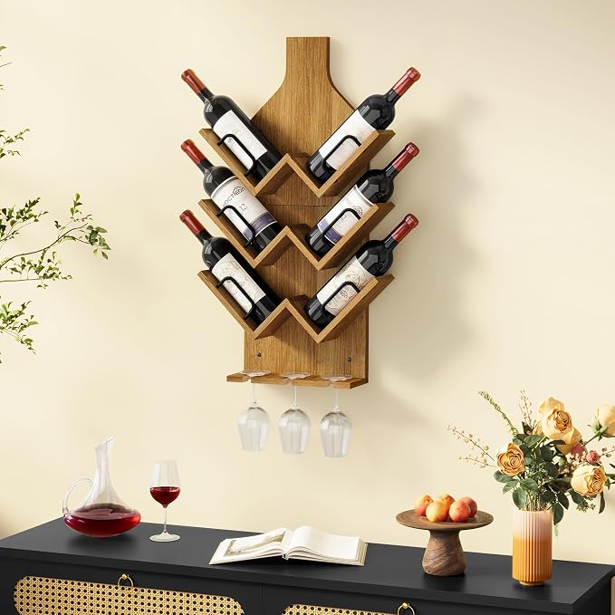 Hoctieon Wine Rack Wall Mounted, 6 Bottles Wood Wine Rack for Display and Storage, Hanging Bottle Holder Bar Shelves for Living Room, Kitchen, Dining Room, Wine Cellar, Warm Brown