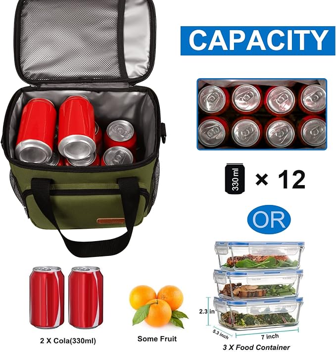Lunch Bags for Women/Men, Insulated Lunch Bag for Work Office Picnic - Large Lunch Cooler Bag Leakproof Lunch Box with Adjustable Shoulder Strap for Adults - Army Green