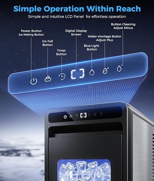 Clear Ice Cube Maker - 8 Crystal 1.2" Large Jelly Ice in 20Mins, 24H Timer, Full Bin &Water Shortage Alert, Self-Cleaning, with 10 Adjustable Ice Sizes for Home Whiskey, Cocktails, and Bourbon