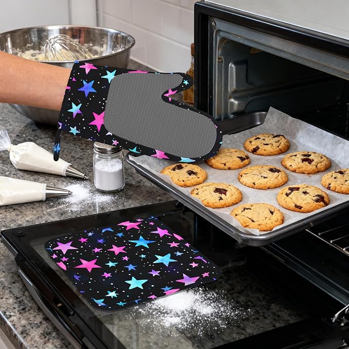 Blue Pink Stars Heat-Resistant Silicone Oven Mitts and Pot Holder 4 Piece Set,Non-Slip Kitchen Oven Gloves for Baking, BBQ, Cooking,Grilling