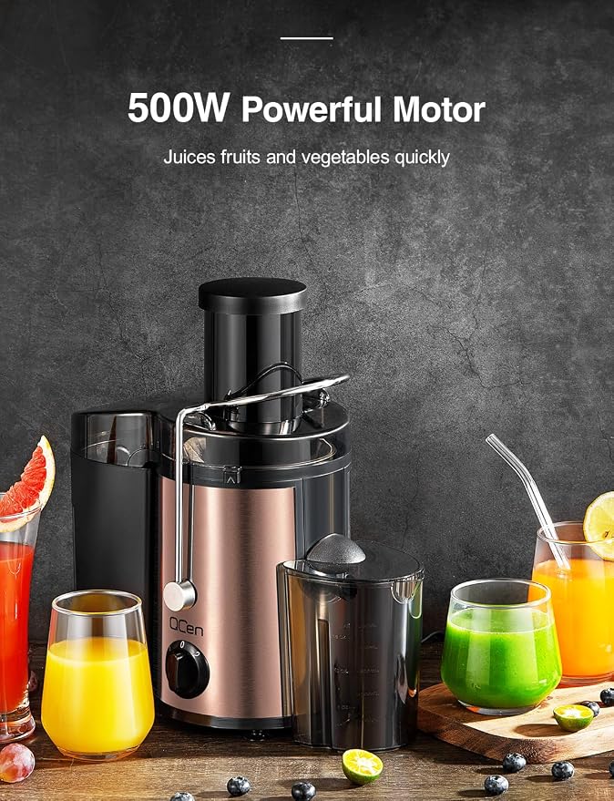 QCen Juicer Machine 500W Centrifugal Juicer with Extra Wide Feed Chute | For Fruits And Vegetables, Stainless Steel, BPA-Free Parts, Easy To Clean, Rose Gold Finish, Compact Countertop Juicer