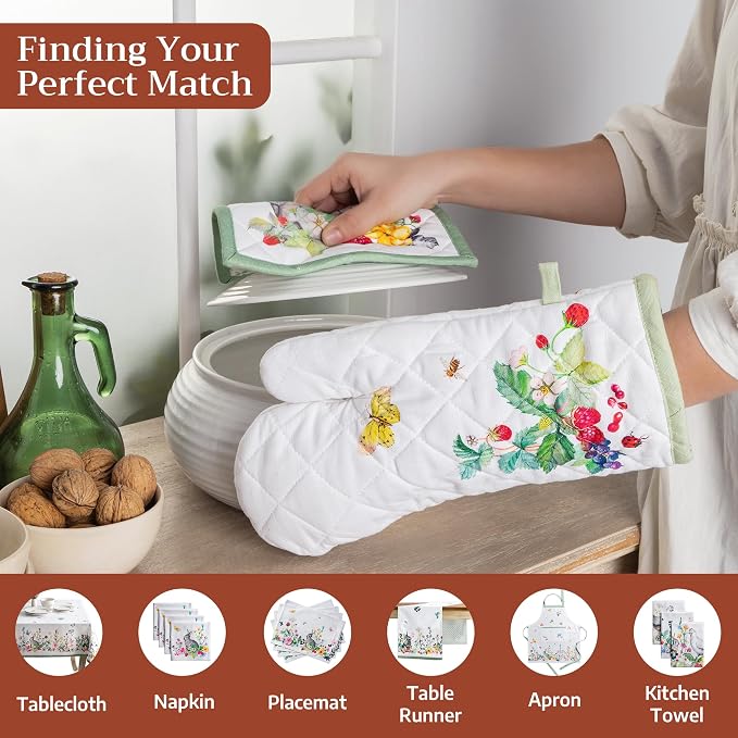 Maison d' Hermine Pot Holders 100% Cotton Potholders (8" x 8", Pack of 2) | Heat Resistant Hot Pads with Loop BBQ Cooking Baking Farmhouse Kitchen Handling Hot Pans Spring Summer - Printemps