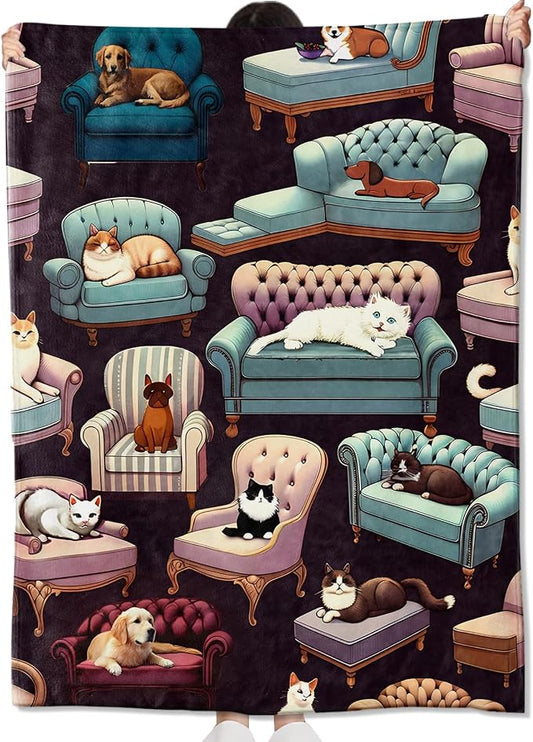 Dog and Cat on Sofa Blanket Gifts for Kids Adult,Cute and Playful Animal Throw Blankets,Soft Comfy Lightweight for Room Couch Bed Modern Adorable Decor,Pet Lover 60x80in