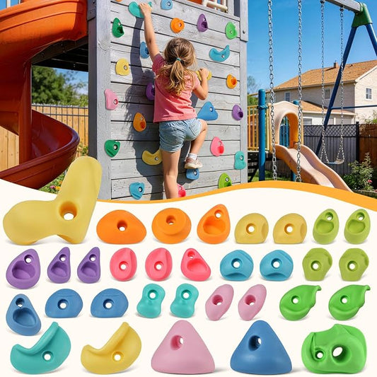 32 PCS Rock Climbing Wall for Kids,Rock Wall Climbing Holds,Adults Climbing Wall Grip Kits Holds Up to 230 lbs for Outdoor Indoor Home Playground Climbing Wall Holds（Pastel Color）