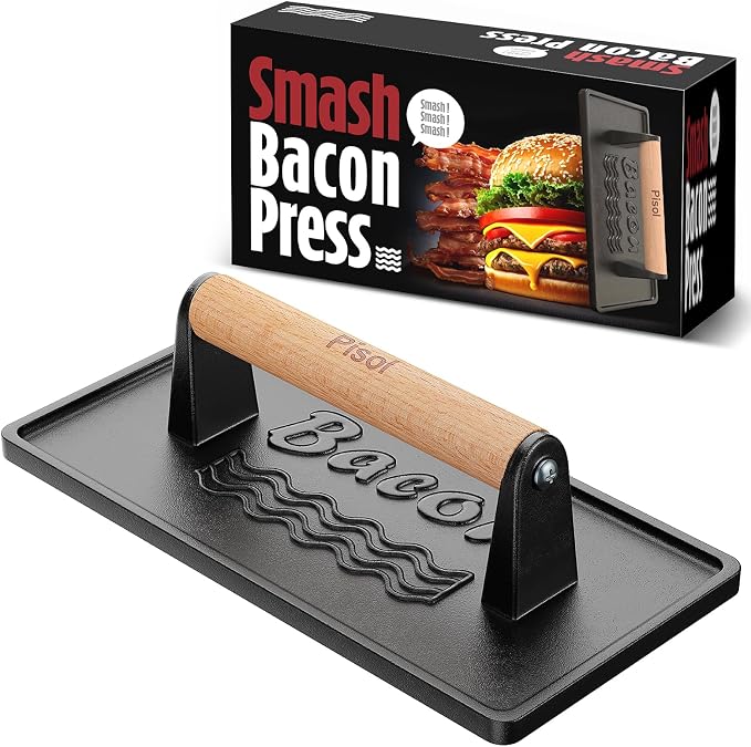 Pisol Pre-Seasoned Cast Iron Smash Burger Press, 2 lb Meat Press Tool | Rustproof, Pre-Seasoned, Flat Bottom, Square, Wooden Handle, Dishwasher Safe, No Stick, Easy to Clean, 6.6'' Wide, 2lb
