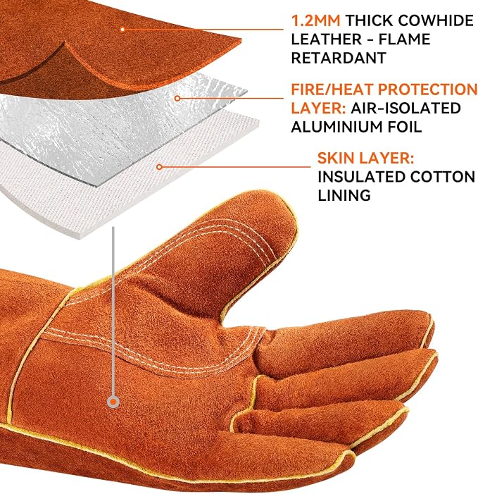 OZERO 932°F Heat Resistant Gloves: Welding Gloves Men Women, Brown, 14-Inch | 1.2 mm Split Cowhide, Reinforced Palm, Long Cuff, for MIG TIG Stick Forge BBQ Grill Fireplace Fire Pit Wood Stove Oven