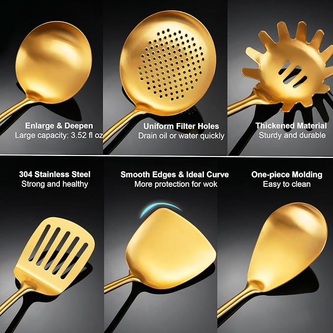 Gold Kitchen Utensils Set Stainless Steel 9 PCS with Wooden Handle | Food-grade 304, Sturdy, Wooden Handle, Anti scald, Work with large batches, Good weight, Well Balance, 13-14 Inch
