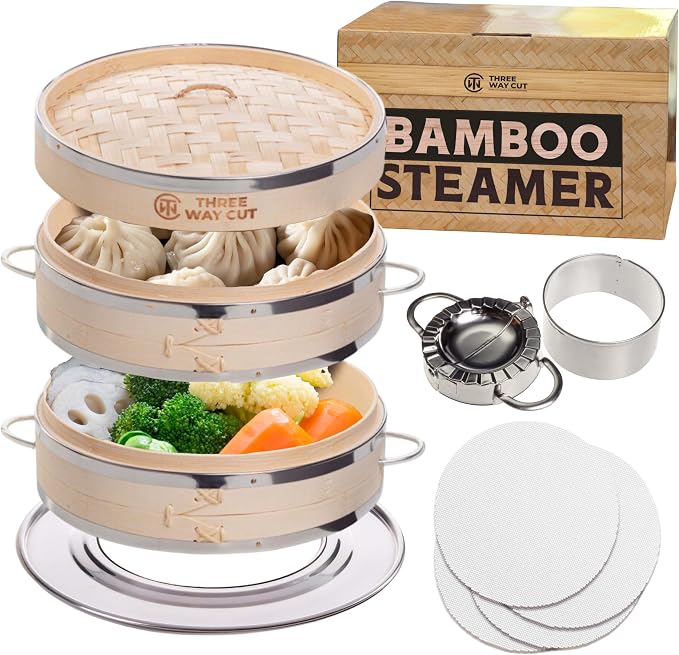 Bamboo Steamer 10 Inch - Dumpling Steamer Basket 2 Tier, Bamboo Steamers For Cooking Dumplings, Bao Bun, Dim Sum, Rice Potsticker & Veggie Food Steaming Basket with Steel Rims, Handles & Accessories