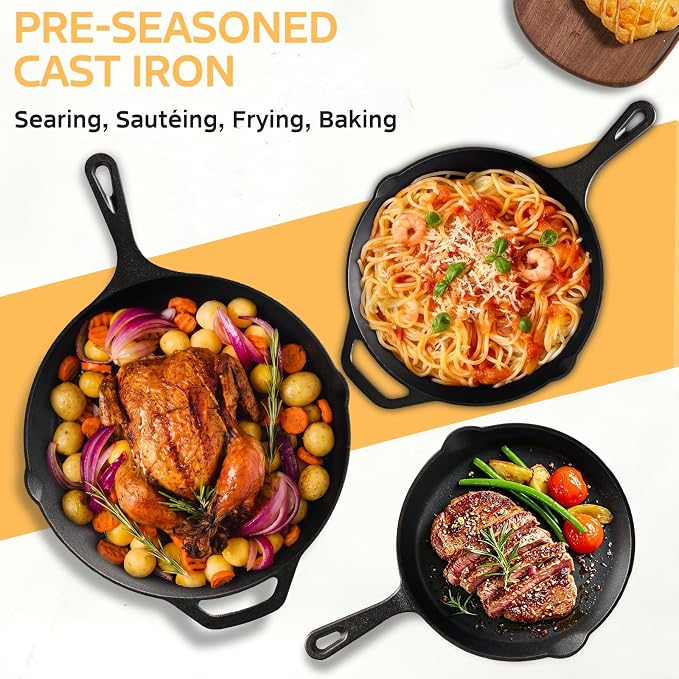 EWFEN Cast Iron Skillet 10 Inch, Pre-Seasoned Frying Pan, Heavy-Duty Professional Restaurant Chef Quality Cookware with Drip Spout, Indoor & Outdoor Use, Compatible with Oven, Stove, Grill & Campfire