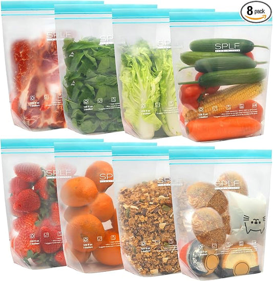 SPLF 8 Pack Reusable Gallon Freezer Bags Dishwasher Microwave Safe | 1 Gallon BPA Free Leakproof Food Storage Bags, Silicone Free Containers for Meal Prep, Fridge Kitchen Organization
