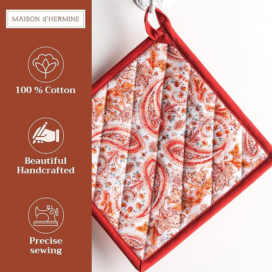 Maison d' Hermine Pot Holders 100% Cotton Potholders (8" x 8", Pack of 2) | Heat Resistant Hot Pads with Loop BBQ Cooking Baking Hotel Kitchen Handling Hot Pans Thanksgiving Christmas - Orient