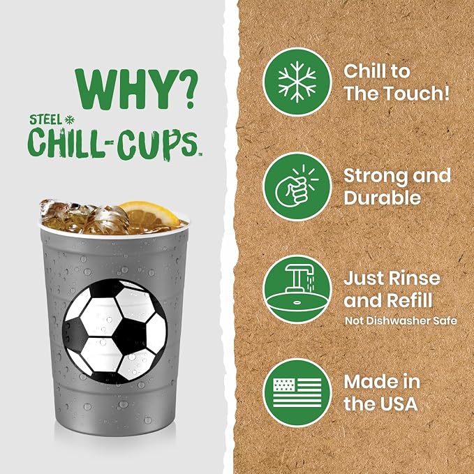 Steel Chill Cups 16 oz. Reusable Party Cups, Soccer, Green, 12 Count | Made in USA from Steel these durable cups chill fast & keep your drink cold for longer, 100% recyclable for sustainablity