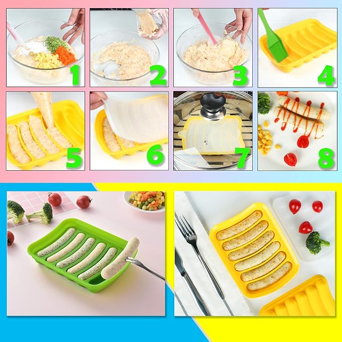 Kare & Kind 2x Silicone Sausage Molds - Non-Stick Flexible Hotdog Maker - 6-Cavity Baking Cooking Steaming Container - DIY Homemade Sausages - Includes 2x Silicone Mini Brushes and 20x Pastry Bags