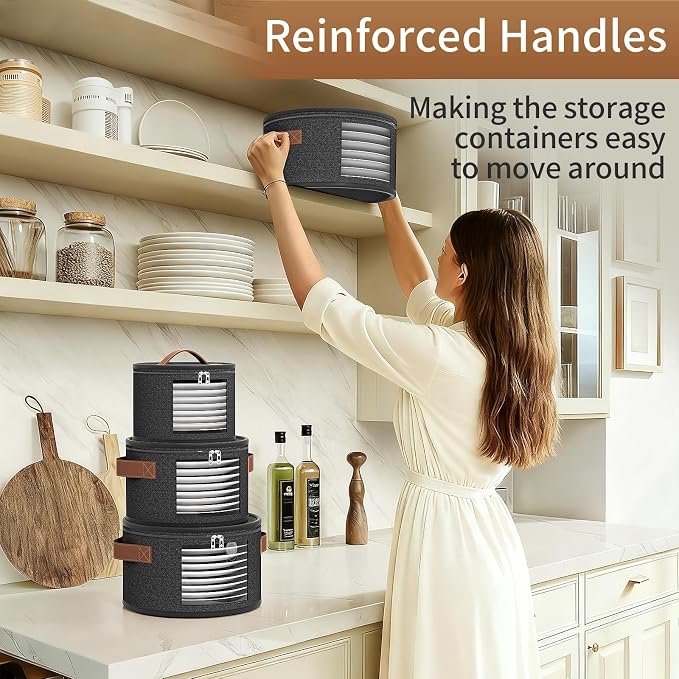4-Piece Set China Storage Containers, Dish Storage with Clear Windows, Hard Shell Plate Storage Containers with Handles, Stackable Sturdy Dish Packing Supplies for Moving & Protection, Dark Gray