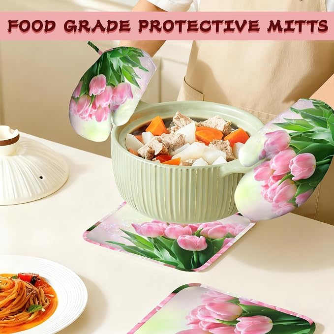 Pink Tulips Romantic Silicone Oven Mitts and Pot Holders,Heat-Resistant 4 Piece Kitchen Set Non-Slip Oven Gloves and Hot Pads for Cooking, Baking, Grilling,BBQ