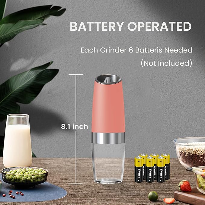 Battery Operated Salt And Pepper Grinder Set with LED Light, Automatic Electric Gravity Salt And Pepper Shakers Set, Each 6 AAA Batteries Needed, Adjustable Roughness, 2 Pack (Pink)
