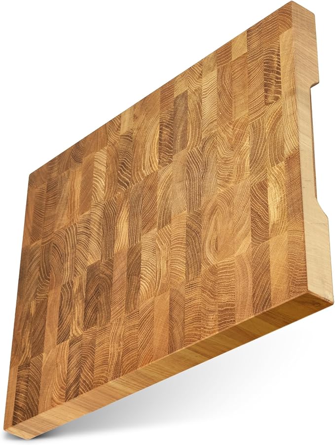 End Grain 16"x12" European Oak Wood Cutting Board, Butcher Block, Wooden Chopping Board with Non-Slip Feet & Handles, Charcuterie Board, Knife-Friendly, Serving Cutting Board for Kitchen
