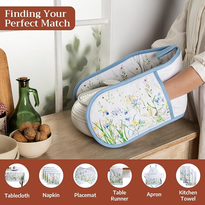 Maison d' Hermine Double Oven Mitts 100% Cotton Double Oven Glove (7"x35") | Heat Resistant BBQ Cooking Gloves with Loop Baking Grilling Kitchen Hotel Home Farmhouse Spring Summer - Fleurs De Mai