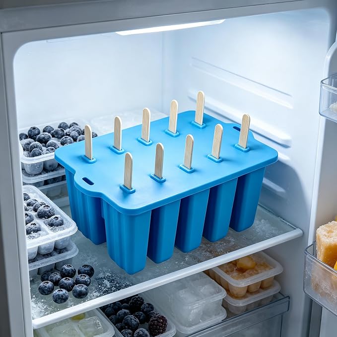 10-Cavity Silicone Popsicle Molds, BPA Free Homemade Ice Pop Maker, Blue | BPA Free Non-Stick, Easy Release, Comes with 100 Sticks, Bags, Brush & Funnel,Ideal for DIY Frozen Desserts,Kids & Home Use