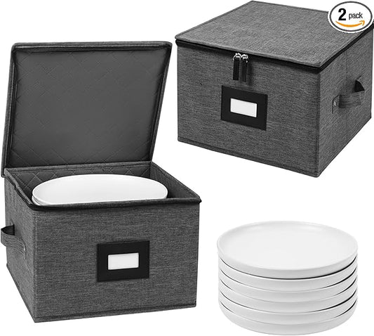 China Storage Containers Hard Shell, 13" Plates Storage Box for Dishes | Stackable Dinnerware Storage Containers with 24 Felt Dividers (2 Pack Black)