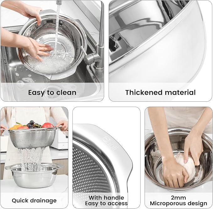 Paoli 304 Stainless Steel Fine Mesh Colander Set, 5QT Large Capacity Strainer with Mixing Bowl — Rinse Fruits, Veggies, Rice & Drain Pasta, Dishwasher Safe (2-Piece Gold)