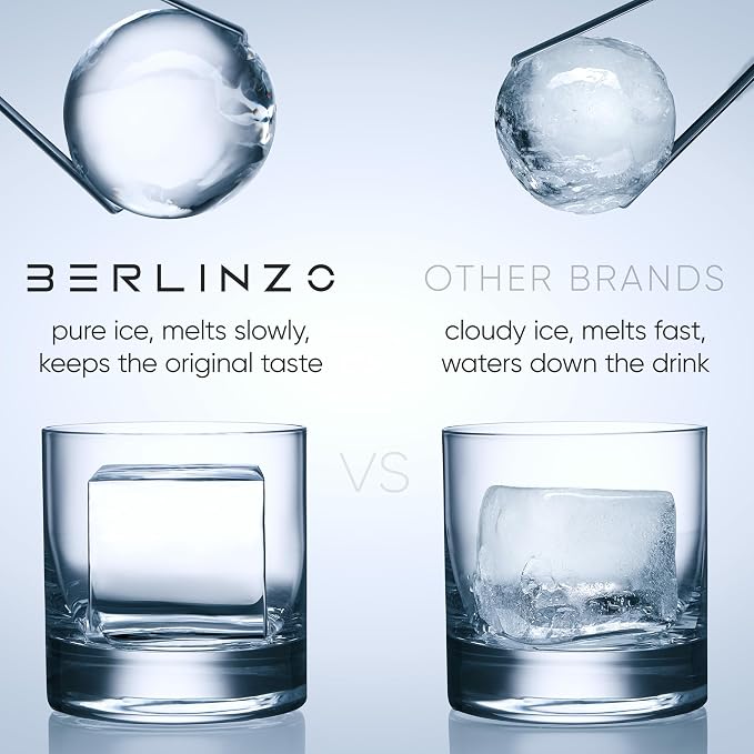 Berlinzo Ice Ball and Cube Maker Mold - 2 Spheres 2 Squares, Non-Electric | Silicone, BPA-free, dual shape combo, clear ice, whiskey and cocktails, slow-melt, easy release