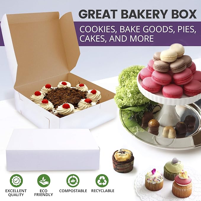Fit Meal Prep [25 Pack] Pastry Boxes 9x9x3 White Bakery Box for Cookies, Compostable Kraft Paper Cardboard for Baked Goods Packaging, Cake, Food, Donut, Cupcake, Candy, Bread, Bridesmaid Gift Box