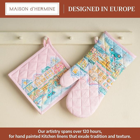 Maison d' Hermine 100% Cotton Oven Mitt & Pot Holder Set (7.5"x13" & 8"x8") | Heat Resistant BBQ Cooking Gloves with Loop Baking Kitchen Home Farmhouse Thanksgiving Christmas - Christmas Market - Pink