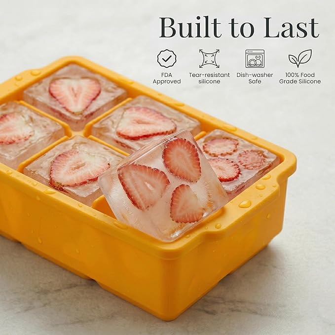KitchFort® Large Silicone Ice Cube Tray (2-Pack), Easy Release 2" Big Ice Cubes - Cocktail, Whiskey Ice Cubes Mold - Ice Trays for Freezer with Lid - Stackable Silicone Ice Tray - Mustard Yellow