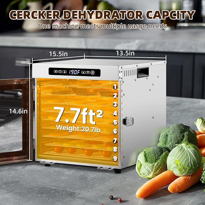 Food-Dehydrator Machine 9 Stainless Steel Trays, 1000W Fruit Dehydrator,7.7ft² Meat Dryer for Jerky,190ºF Temperature Control,24H Timer Dryer Machine for Herbs,Beef
