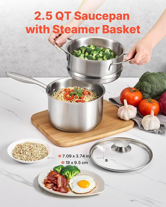 VEVOR 2.5 QT Saucepan with Steamer, Stainless Steel Saucepan with Glass Lid, Multipurpose Nonstick Stainless Steel Sauce Pot with Ergonomic Handle, Friendly for Oven, Dishwasher, Induction Cooker