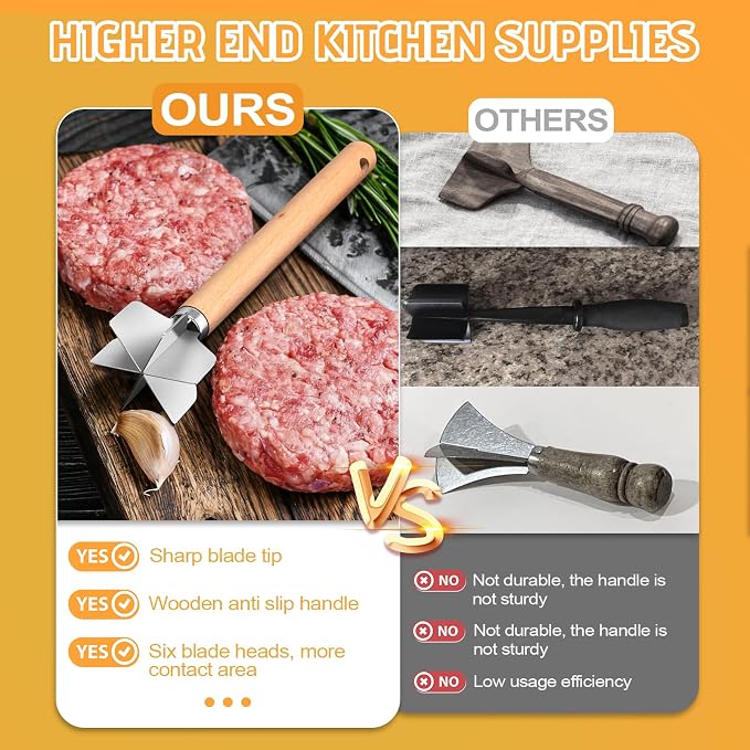 11 inch Stainless Steel Meat masher with 6 Blades, Metal Potato Masher, Ground Beef chopper tool, Suitable For Making Ground meat, Mashed potatoes, Jam and more（two pack)