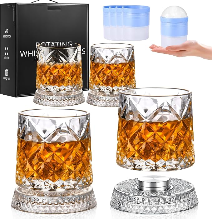 GuGen Spinning Whiskey Glasses, Rotating Old Fashioned Rocks Glasses, 9.5oz Lead-Free Clear Bourbon Scotch Liquor Cocktail Glasses with Ice Ball Molds, Set of 4 for Home Bar Party Whiskey Lovers Gift