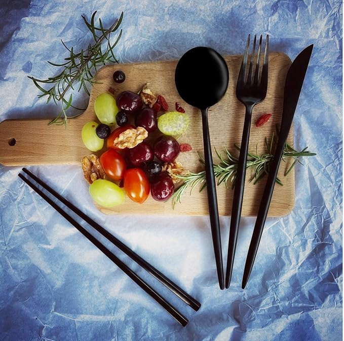 Matte Black KiiZYs Silverware Set - 16-Piece Kitchen Utensil With Korean Chopsticks - Stainless Steel Flatware Cutlery - Spoons, Forks, Knife - Dishwasher Safe - New Home Wedding Gifts (Black, 4 Sets)