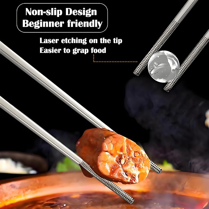 Metal Chopsticks Reusable 5 Pairs 18/8 Stainless Steel chop sticks silver | Dishwasher Safe,Non-Slip Grip,Good for Beginners,SUS304 Resistant to Rust,Square,Lightweight 9.25''