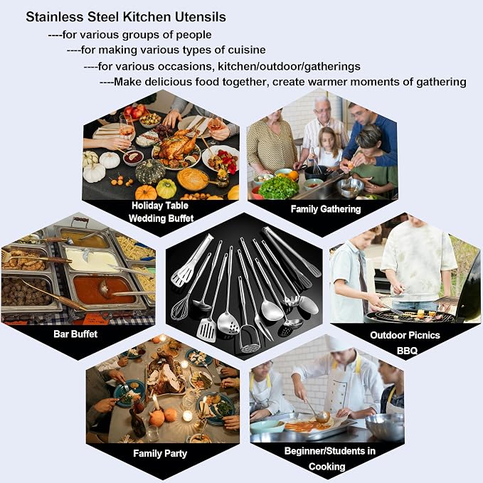 Stainless Steel Kitchen Utensils 12 Pcs, Small Cooking Utensils Set | Dishwasher safe; 304-Healthy; One piece-sturdy; Fits for person new to cooking; Perfect for a B&B or rental or camper