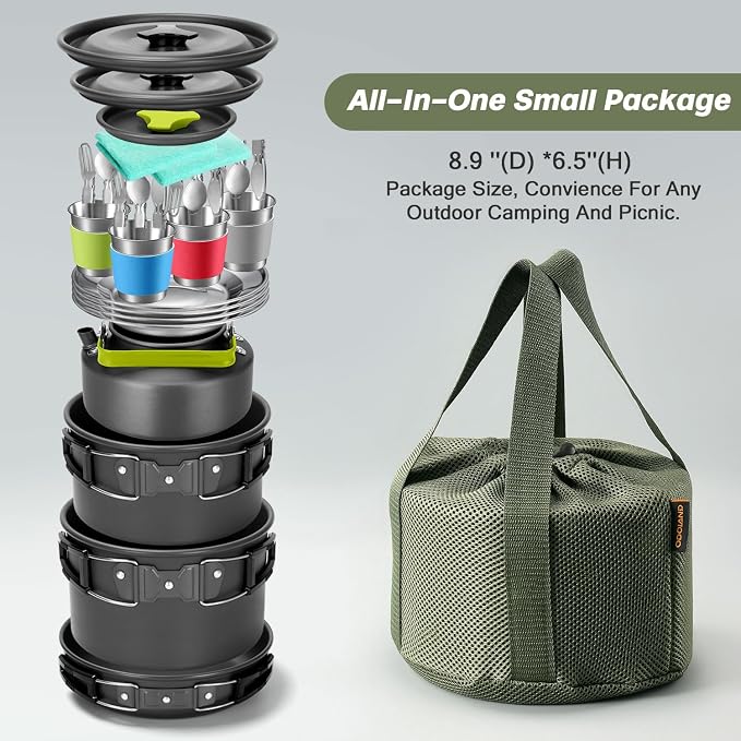 Odoland 29pcs Camping Cookware Mess Kit, Non-Stick Lightweight Pots Pan Kettle, Collapsible Water Container and Bucket, Stainless Steel Cups Plates Forks Knives Spoons for Outdoor Backpacking Picnic