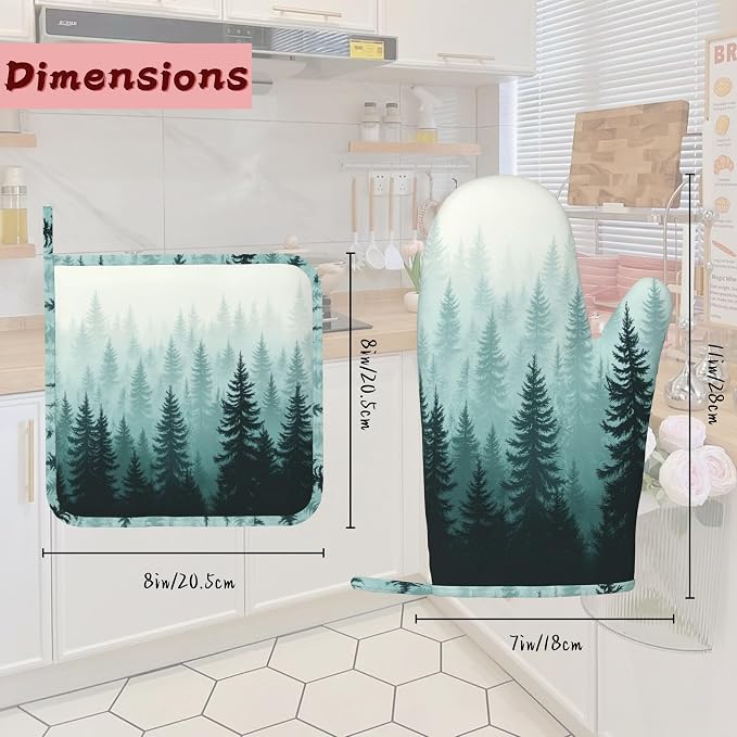 Misty Forest Silicone Oven Mitts and Pot Holders,Heat-Resistant 4 Piece Kitchen Set Non-Slip Oven Gloves and Hot Pads for Cooking, Baking, Grilling,BBQ