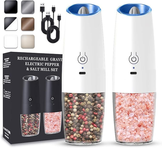 UNNEES Rechargeable Electric Salt and Pepper Grinder set of 2, gravity electric salt and pepper grinder set, Adjustable Roughness, LED Light, 2 Pack, (White)