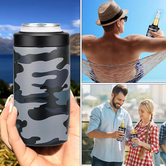 MAXSO Slim Can Cooler, 4-in-1 Double Walled Stainless Steel Insulated Beer Can Holder, Works With All 12 Oz Cans,Bottles & As A Pint Cups - Camouflage