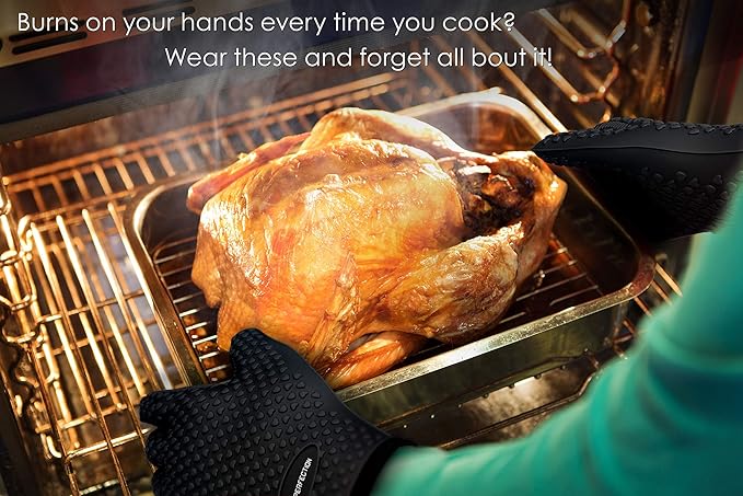 KITCHEN PERFECTION Silicone Smoker Oven Gloves -Extreme Heat Resistant BBQ Gloves -Handle Hot Food Right on Your Smoker Grill Fryer Pit|Waterproof Oven Mitts Grill Gloves |Superior Value Set+3 Bonuses | Waterproof, 5-Finger Design For A Better Grip, fo...