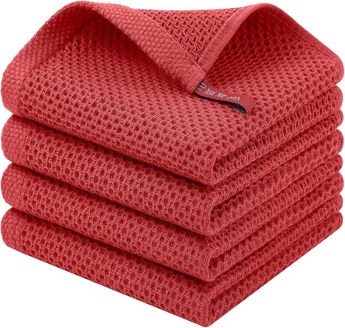 Homaxy 100% Cotton Waffle Weave Kitchen Dish Cloths, 4-Pack, Brick Red | 12 x 12 Inches, Ultra Soft Absorbent Dish Towels, Quick Drying Dish Rags with Hanging Loop