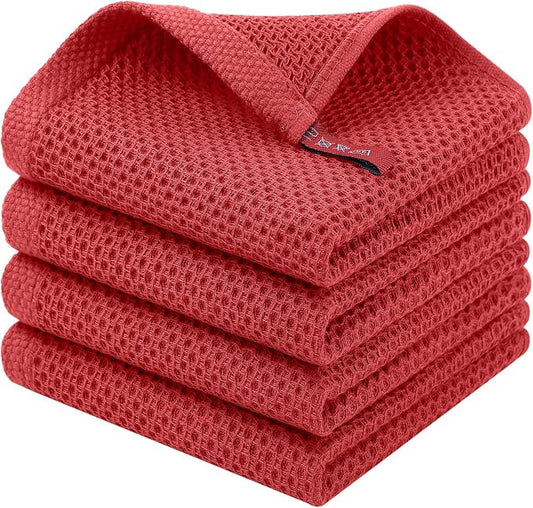 Homaxy 100% Cotton Waffle Weave Kitchen Dish Cloths, 4-Pack, Brick Red | 12 x 12 Inches, Ultra Soft Absorbent Dish Towels, Quick Drying Dish Rags with Hanging Loop