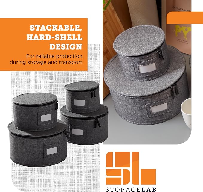 storageLAB 4-Piece China Plate Storage Set | Hard Shell Dividers | Gray | 4 hard shell plate cases - dinner, salad, dessert & saucer, 12 plates each, 48 total. Felt dividers, stackable.