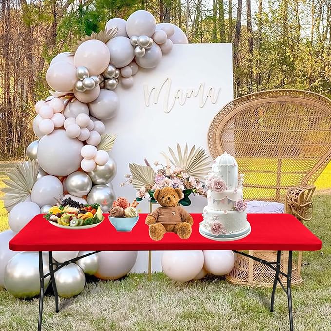 10 Pack Stretch Fabric Table Top Cap Cover, fits 6' Tables, Spandex Table Covers Washable Elastic Rectangle Tablecloth Protector for Indoor Outdoor Party Picnic Wedding, Red, 30" W x 72" L