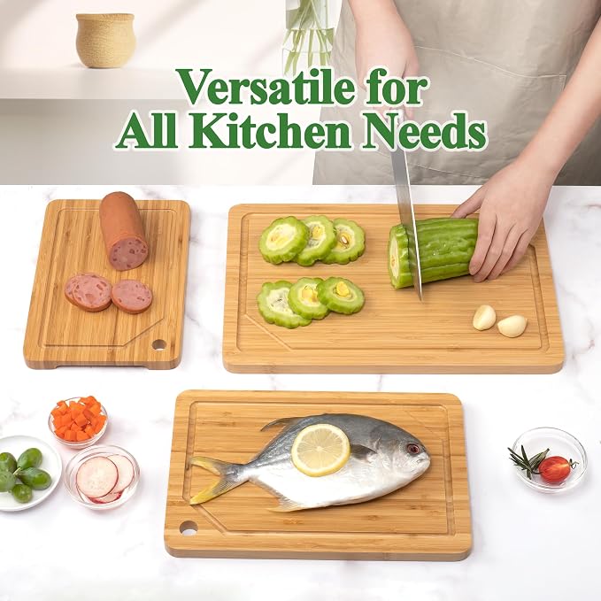 Bamboo Cutting Board Set, 3-Piece Cutting Board with Stand & Hanging Hole | Chopping Board for Kitchen with Juice Groove, Serving Board, Ideal for Meat, Vegetables and Cheese