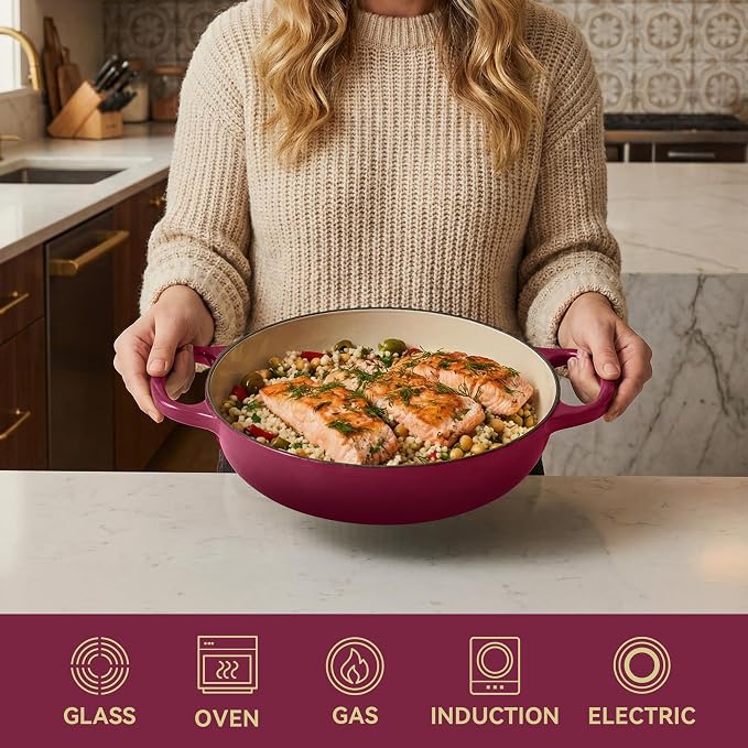 3 Quart Enameled Cast Iron Braiser, Non Stick Enameled Cast Iron Skillet with Lid, Dutch Oven Skillet with lid up to 500°F for Oven, Stove, Grill, Shallow Dutch Oven for Cook, Bake (Rose)