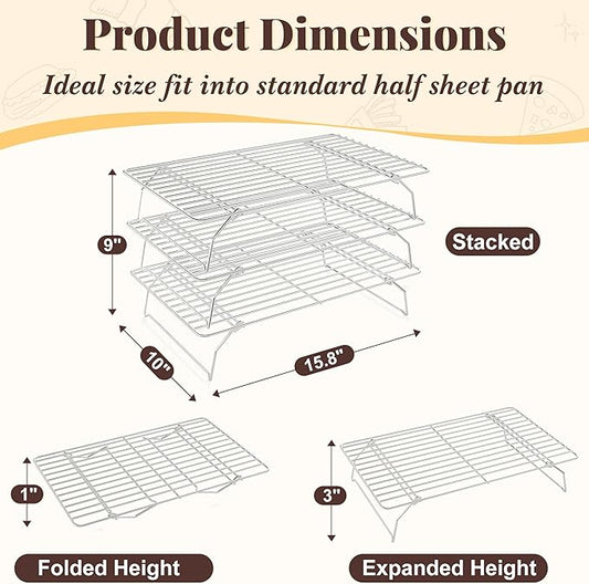 Cooling Racks for Cooking and Baking - 3 Tier Stackable Grid Wire Baking Rack for Oven Cooking, Baking, Grilling, Roasting - Dishwasher Safe Bacon Rack - Silver
