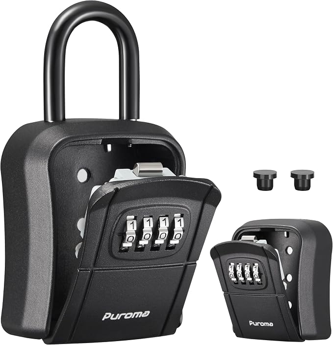 Puroma Key Lock Box Outdoor 4 Digit Code Combination Lockbox House, 1 Black | For Contractors Guest Realtor Storage Keys, Portable, Home Wall Mount, Resettable, Combination, Weatherproof, High-capacity